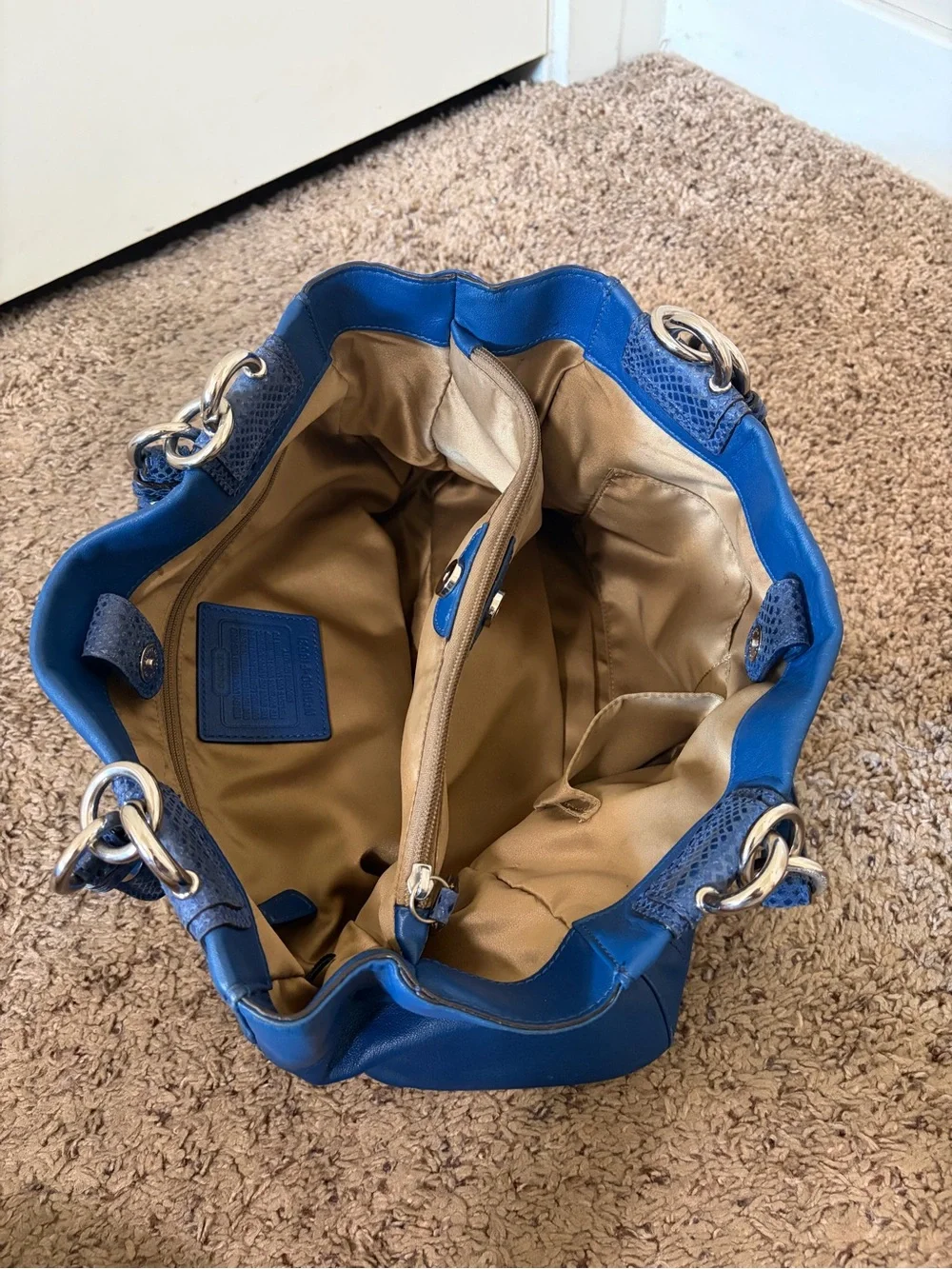 Coach Penelope Cobalt Blue Leather Tote Bag Snakeskin Trim EUC